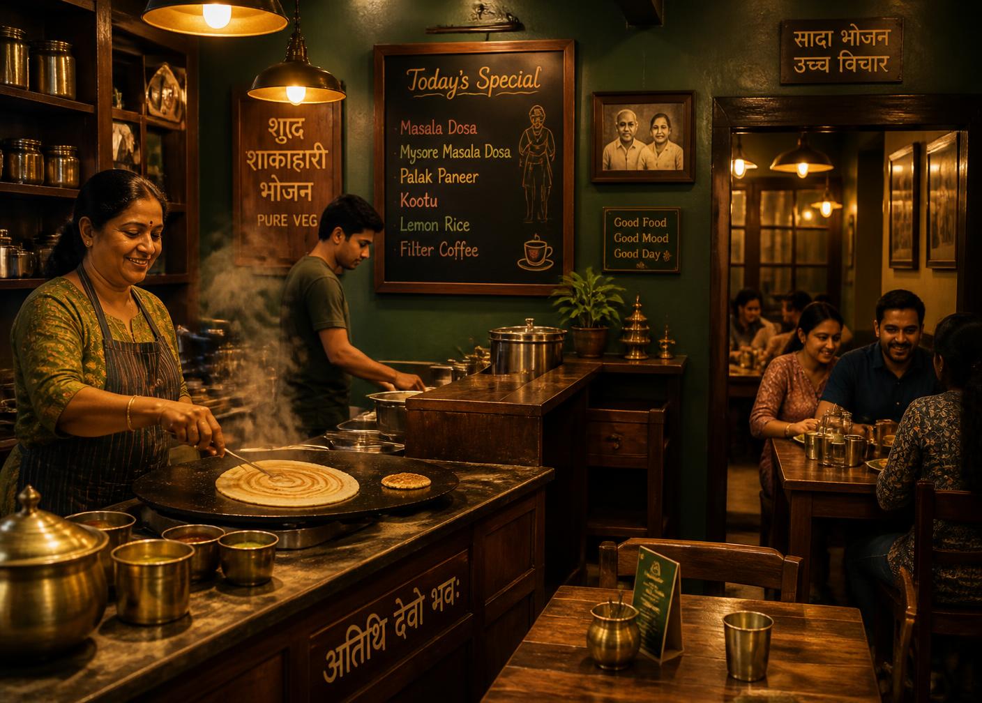 Cook spreading dosa batter on a hot tawa — inside Everest Kitchen, pure vegetarian restaurant in Laudium, Pretoria