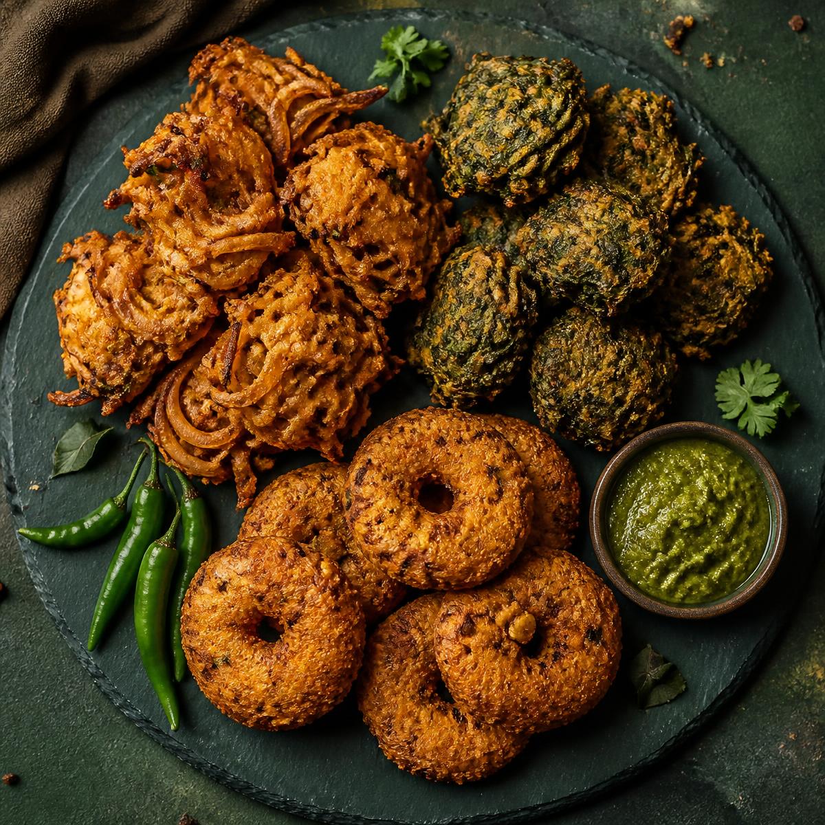 Onion pakoda, methi bhajiya and dal vada platter with green chutney — Everest Kitchen Indian street food in Laudium, Pretoria