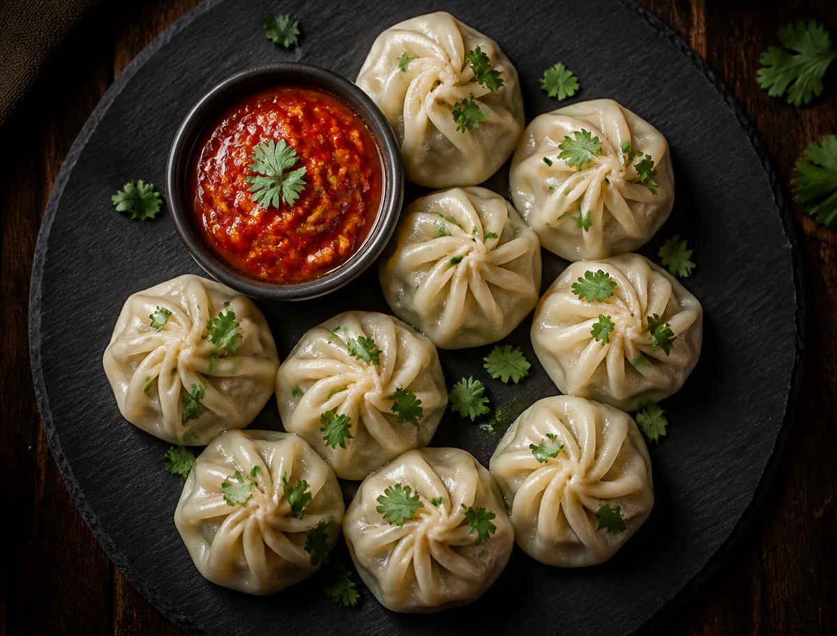 Steamed vegetable momo dumplings with red chilli dipping sauce — Everest Kitchen, steamed momo in Laudium, Pretoria
